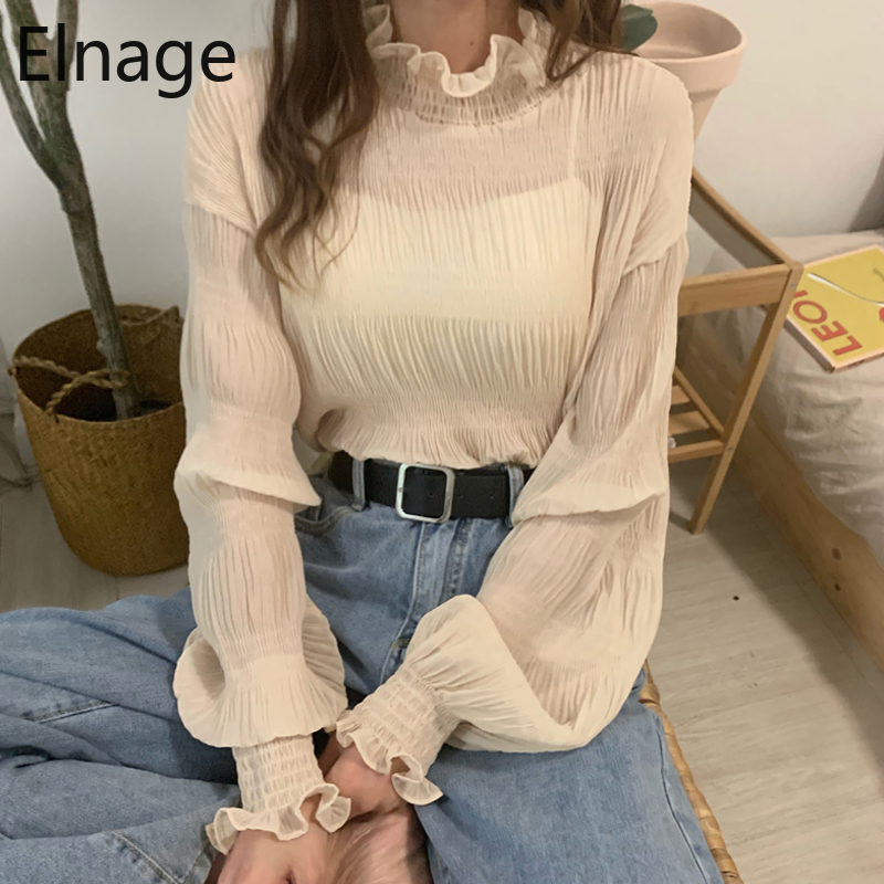 Elnage Spring New Korean Loose Half High Collar Bottoming Trumpet Long Sleeve Blouse with Lace Shirt for Women 5A176 210225