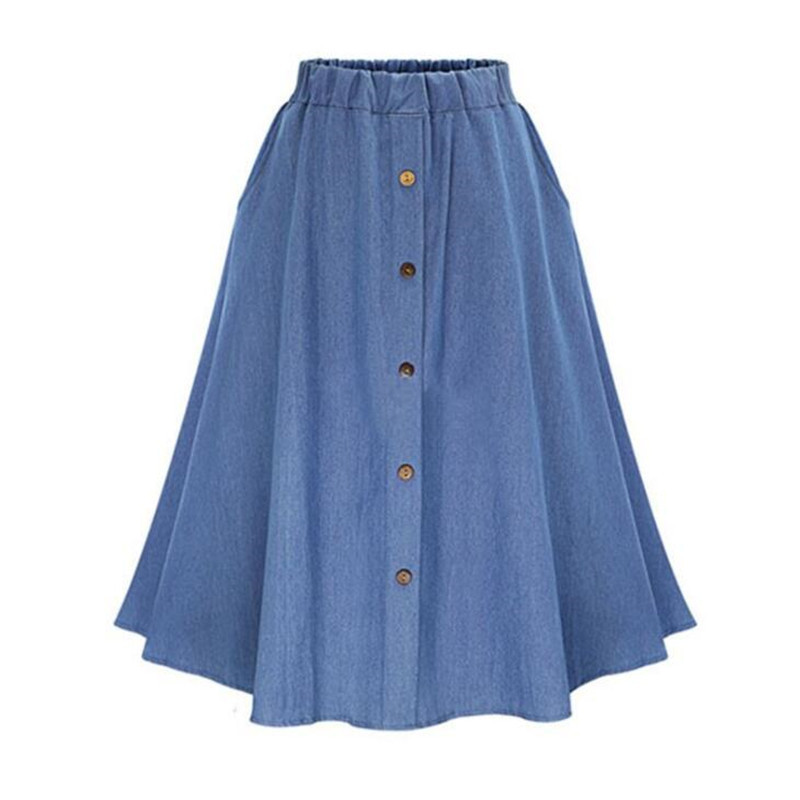 Fashion Korean Preppy Style Denim Skirts Women Solid Color Long Skirt Nature Waist Female Big Hem Casual Button Jean Skirt 210309