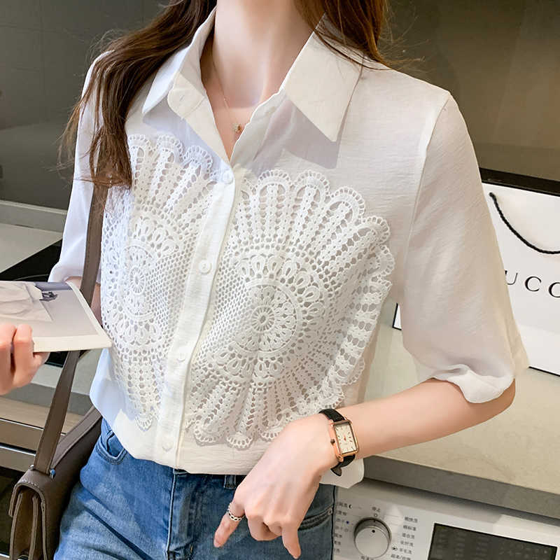 Korean Women Shirt Chiffon Blouses for Half Sleeve Shirts Female White Lace Embroidery Blouse Tops Plus Size Woman 210604