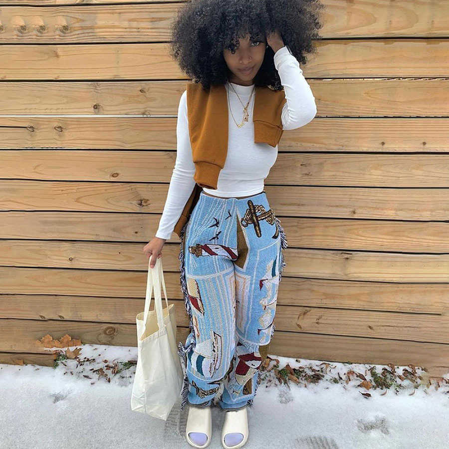 Comic Flower Stripe Statue Printed Street Style Fringed High Waist Straight Leg Casual Jeans Trousers For Female Q0801