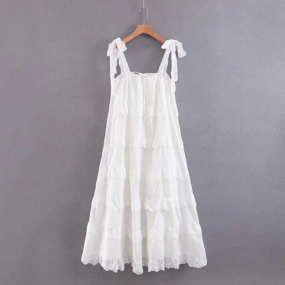 Jocoo Jolee Women Elegant Strap Backless Loose Long Dress Casual Sweet Lace Ruffles Midi Dress Vintage White Vestidos Mujer 210619