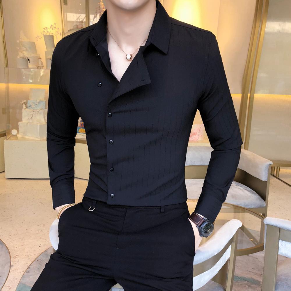 British Style Business Men Dress Shirt Fashion Partial Threshold Shirt Men Long Sleeve Formal Wear Striped Shirt For Men Tuxedo 201124