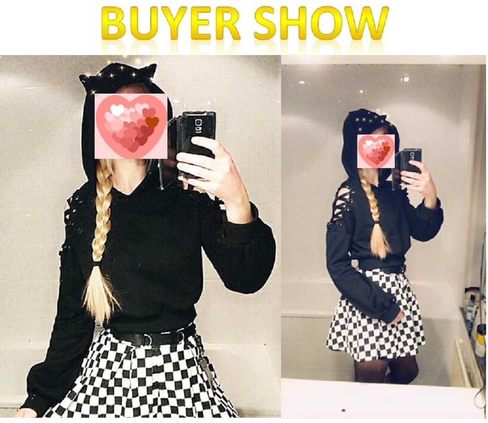Rosetic Gothic Streetwear Black Hoodie Women Cat Ear Hooded Sweatshirt Goth Cool Hollow Ripped Hoodies Short Tops Spring 201030