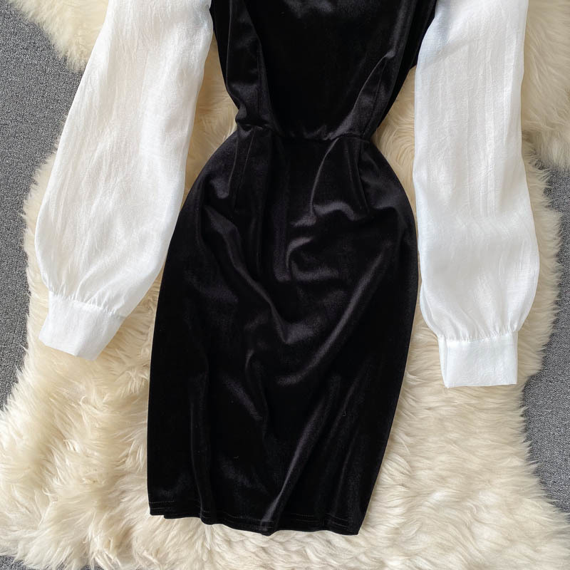 Autumn Winter BlackWhite Patchwork Dress For Women Sexy Halter Long Sleeve Party Dresses Female Velvet Vestidos Fashion 210303