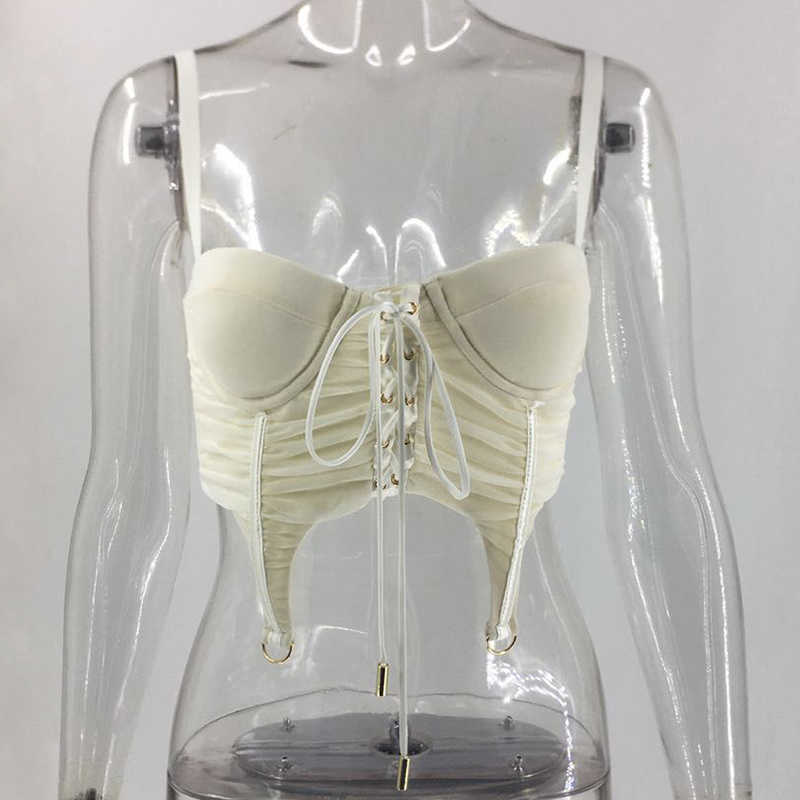 Giyu Sexy Mesh Crop Tops Women Camis Summer Lace Up Bandage Spaghetti Strap Backless Camisole Elegant Blusas Femininas 210625