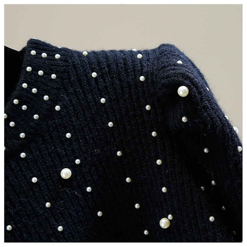 New design womens o-neck luxury design beading puff long sleeve knitted sweater tops jumpers