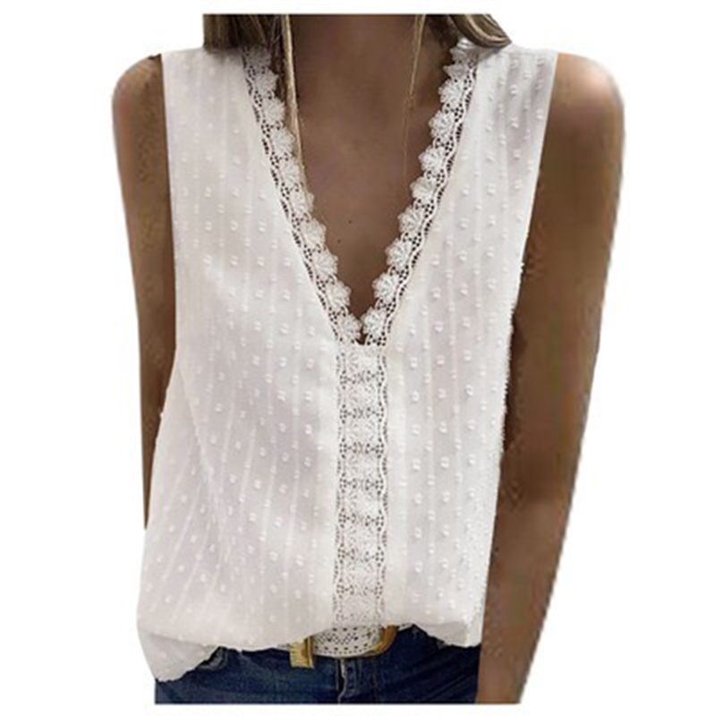 Summer Women Lace Tanks Tops Solid Color Floral V Neck Casual Loose Sleeveless Shirts Blouses