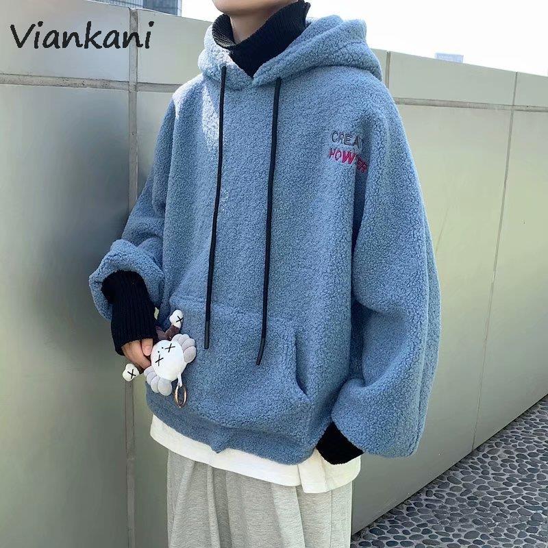 Men's Hoodies & Sweatshirts Men Lambs Wool Turtleneck Embroidery Thicker Fake 2 Piece Winter Plus Velvet Hooded Coats Couples Harajuku Outer
