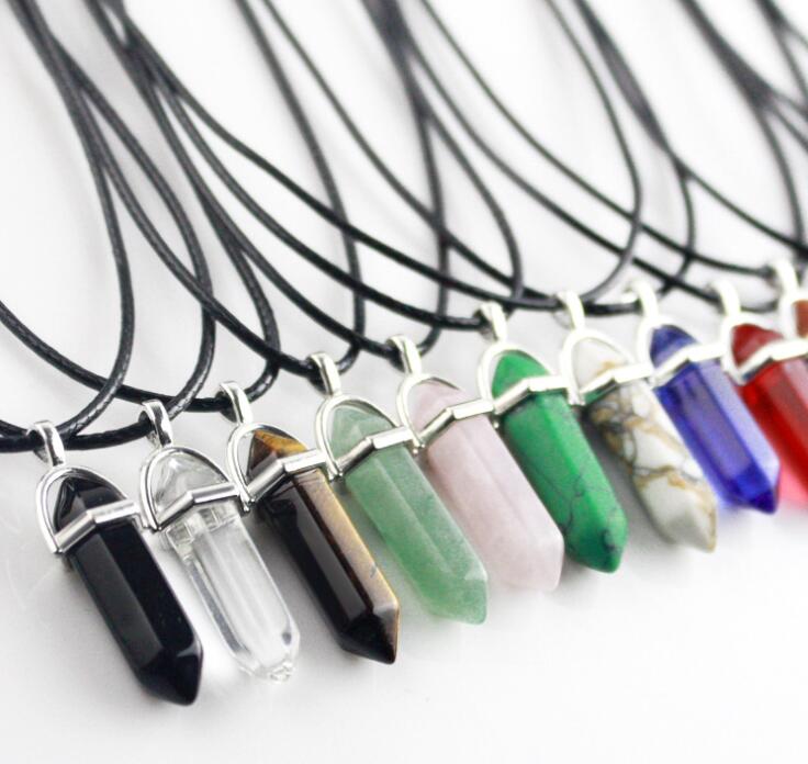 Pendant Necklace Crystals Amethyst Rose Quartz Bead Chakra Healing Point Women Men Natural Stone Pendants Leather Necklaces GC418