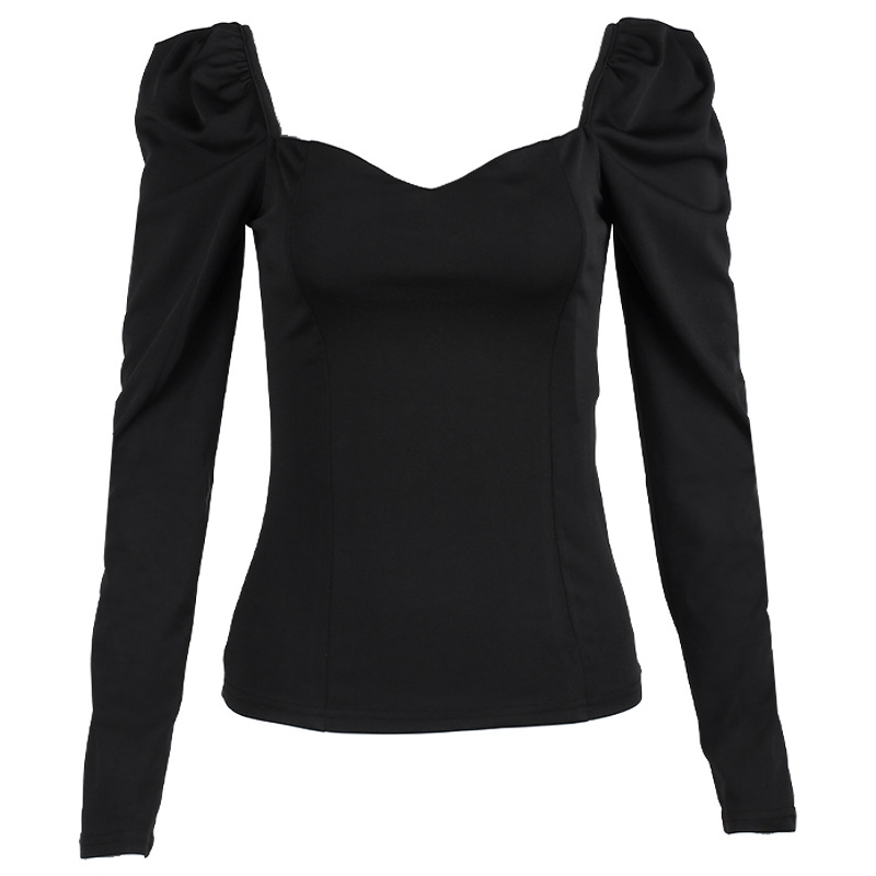 Square neck bottom shirt women's ins fashion Europe and America slim solid color versatile long sleeve T-shirt 210602