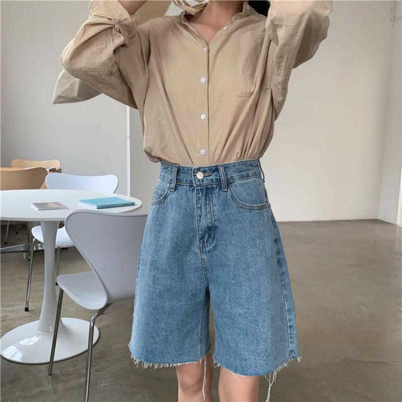 Genayooa Streetwear Blue Cotton Denim Shorts Jeans Korean Style Summer Half- Length Short Feminino High Waist Biker 210714