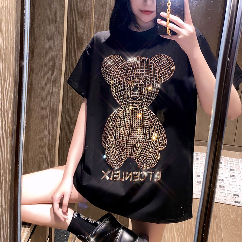 Beading Bear Women T-shirt Harajuku Oversize Short-Sleeved HIp Hop Women Cotton Loose Crystal Maxi Korean Female Clothes 210306