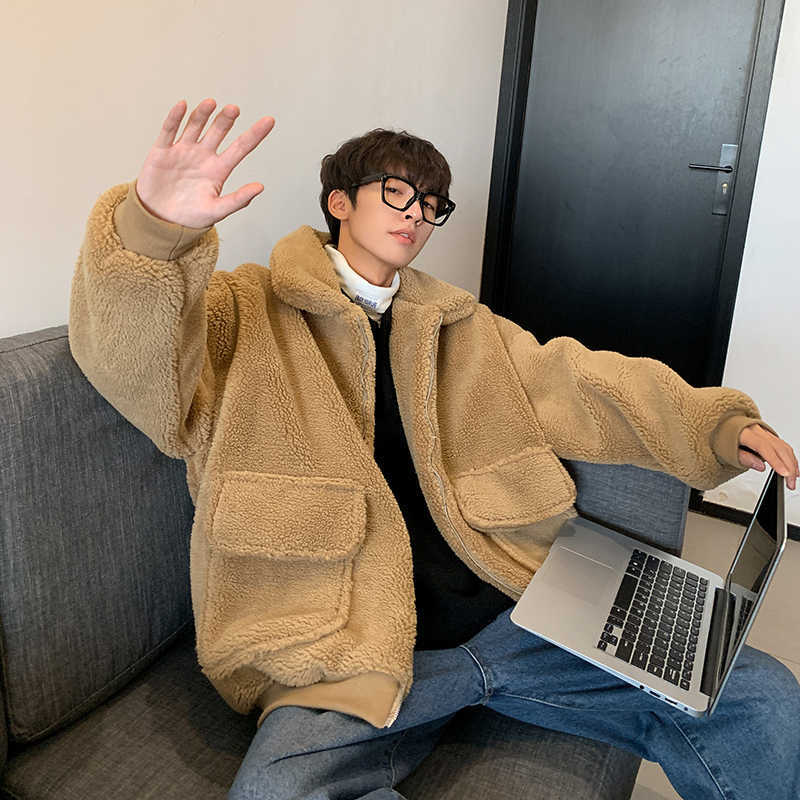 Privathinker Korean Winter Warm Oversized Men's Jackets Coats Harajuku Lamb Woolen Man Casual Zipper Jacket Tops Male 211009