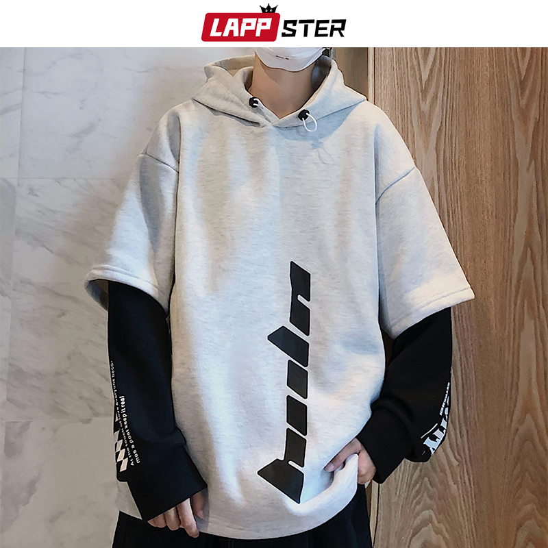 LAPPSTER Men Hip Hop Fleece Hoodies Man Winter Japanese Streetwear Sweatshirts Male Pullover Black Patchwork Hooded Hoodies 201020