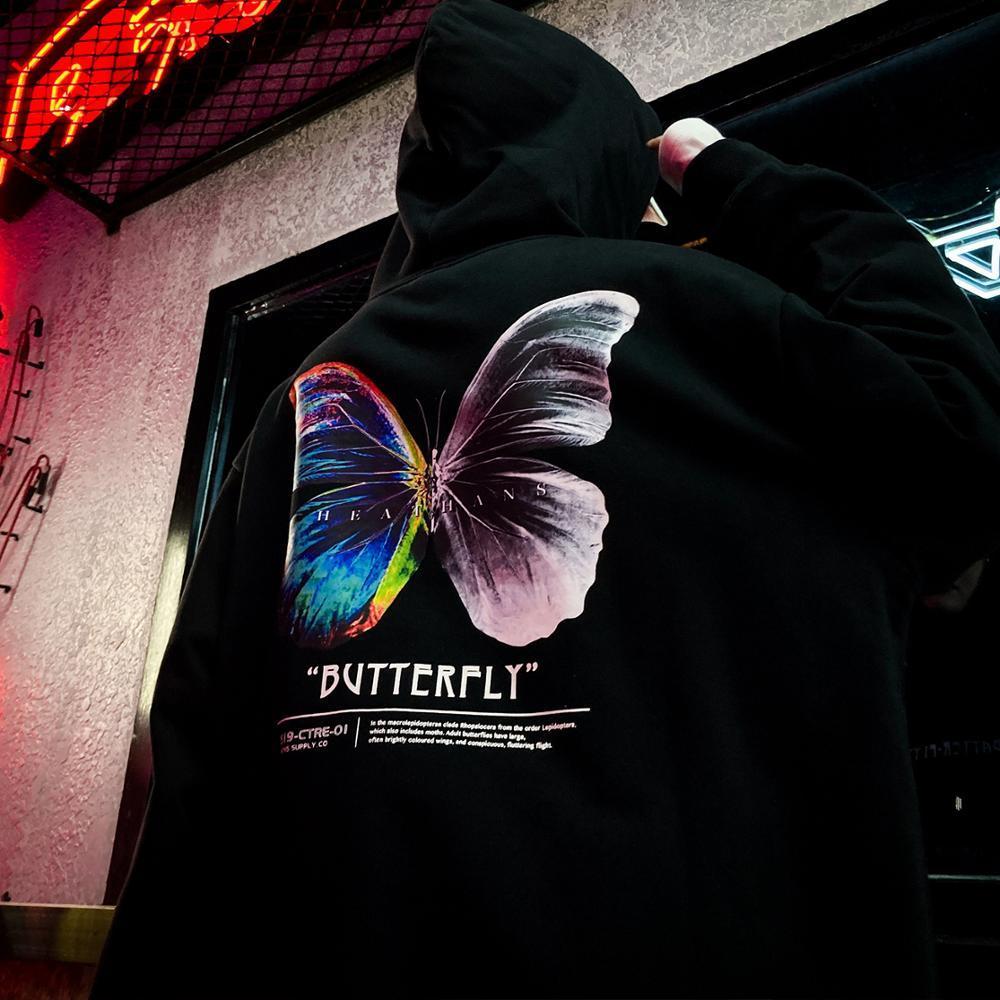 Harajuku Butterfly Hoodie Swatshirt Men Color Butterfly Hip Hop Streetwear Hoodie Fleece Winter Autumn Hoodie Black Unisex 201127