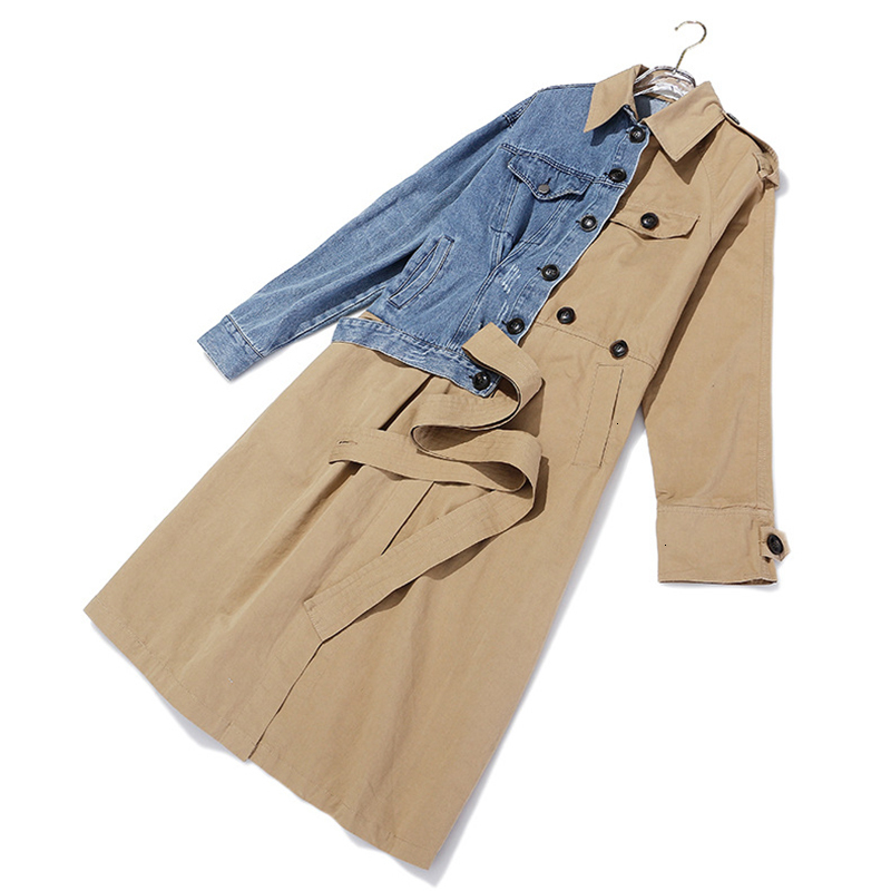 TWOTWINSTYLE Asymmetrical Patchwork Denim Women's Trench Coats Lapel Collar Long Sleeve Loose Female Windbreaker Autumn New 210218