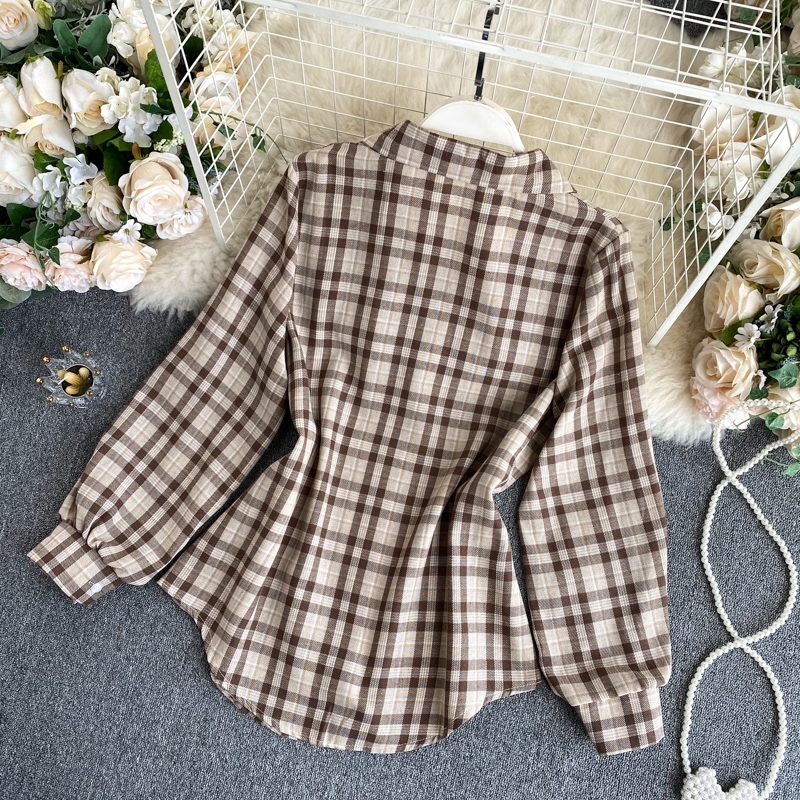 new fashion women's clothing Full Plaid Turn-down Collar shirts shirt and blouse Two-piece vest 210225
