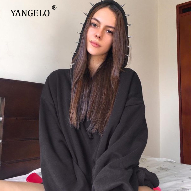 Yangelo Deranged Desire Spiked Hoodie Women Sweatshirt Fall Winter Black Punk Long Sleeve Loose Pullover Female Streetwear Top 200924