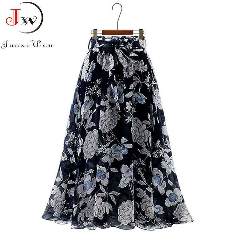 Vintage floral print chiffon skirts women Sprint Summer korean A line Pink streetwear high waist ladies midi skirt 210309