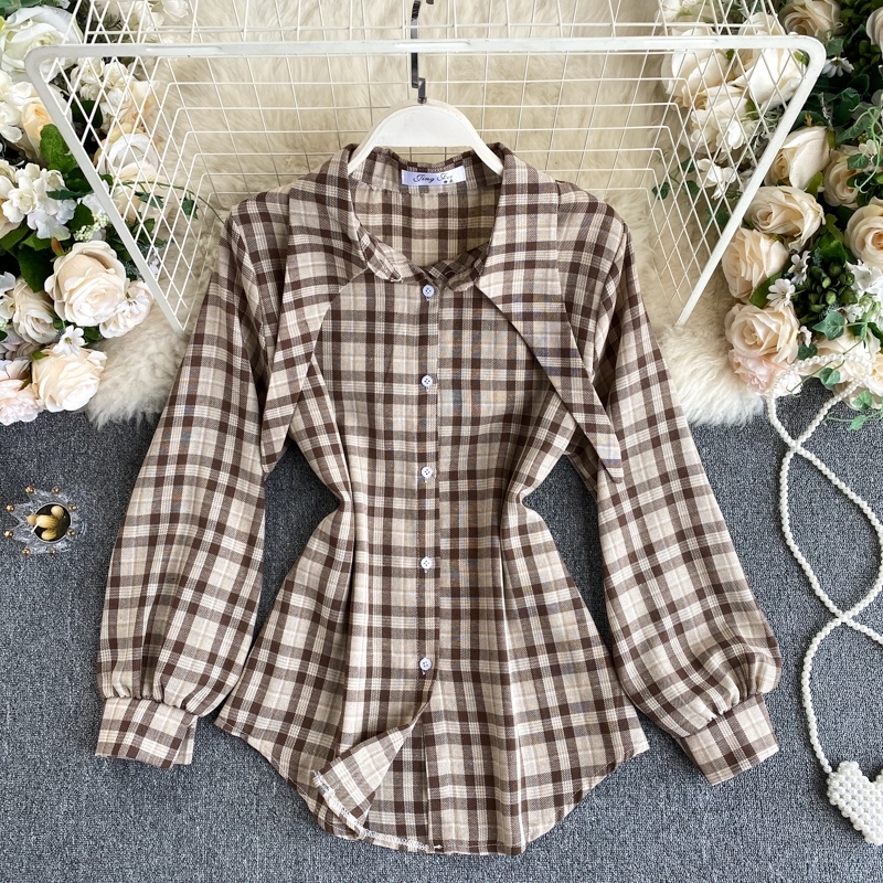new fashion women's clothing Full Plaid Turn-down Collar shirts shirt and blouse Two-piece vest 210225