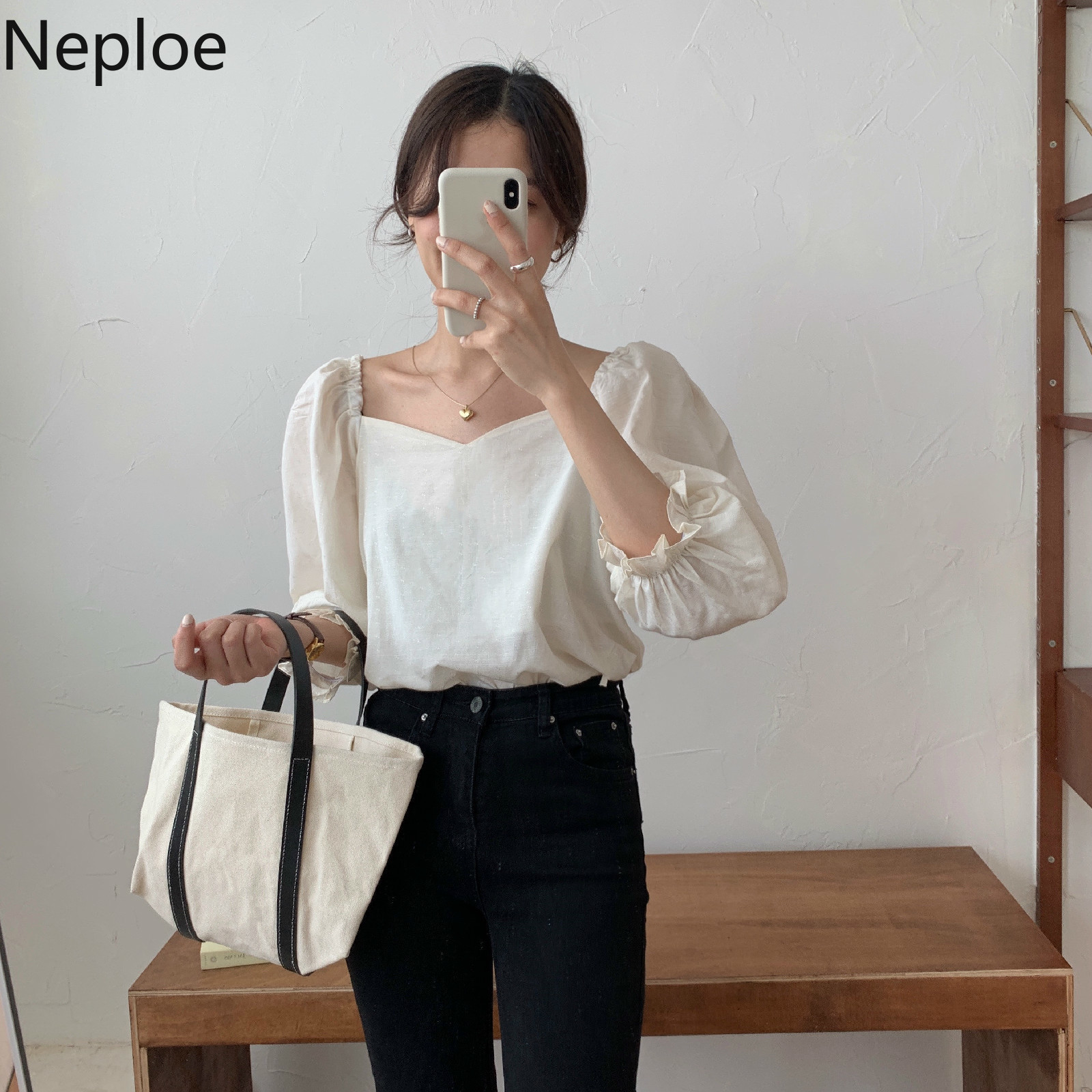 Neploe Blouse Women Korean Chic Sqaure Collar Puff Sleeve Ladies Blusa Shirts Spring Fashion Casual Female Tops 1C595 210225