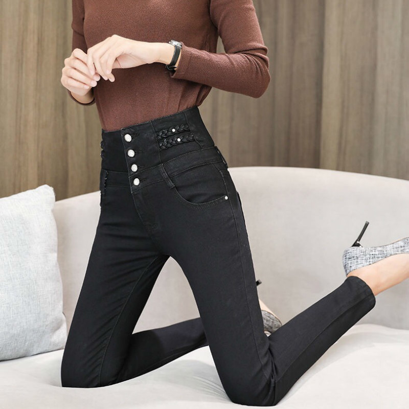 winter warm thick woman's jeans with high waist jeans woman mom women's skinny jeans for women jean femme Plus size black 210222