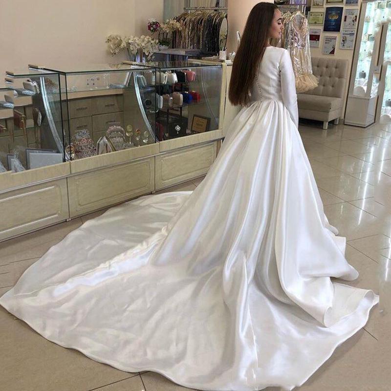 Sleeves Long Satin Dresses Simple Sweep Train Jewel Neck Plus Size Custom Made Wedding Bridal Gown Vestido De Novia