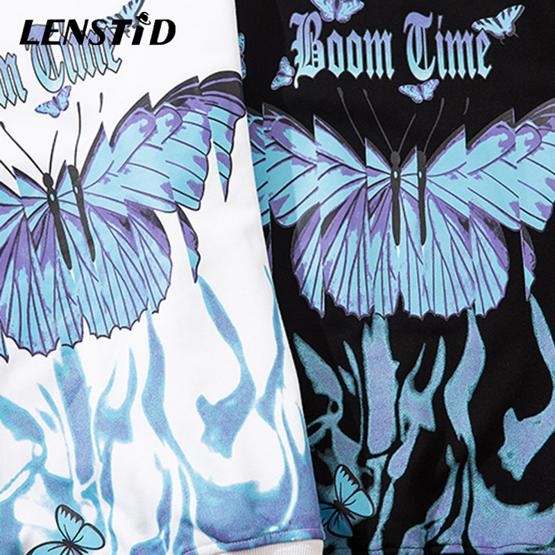 LENSTID Men Hip Hop Sweatshirt Blue Fire Flame Butterfly Harajuku Streetwear Hipster Pullover Hoodies Autumn Fashion Sweatshirts 201104