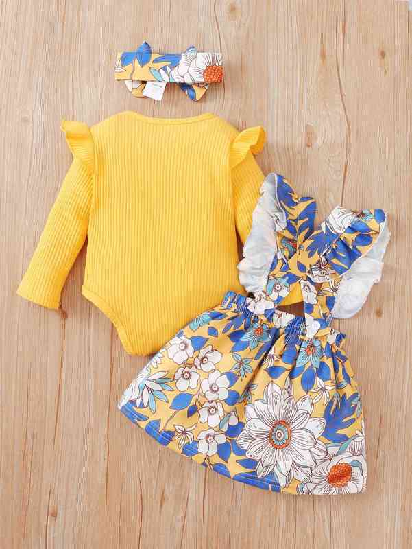 Baby Ruffle Trim Bodysuit & Suspender Skirt & Headband SHE