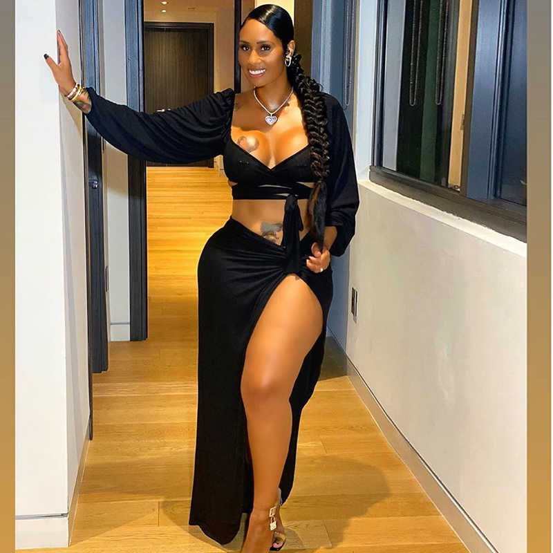 Colysmo Autumn Two Piece Set Women Long Lantern Sleeve Sexy Low Out Tie Up Crop Top Split Skirts 2 Clothes 210527