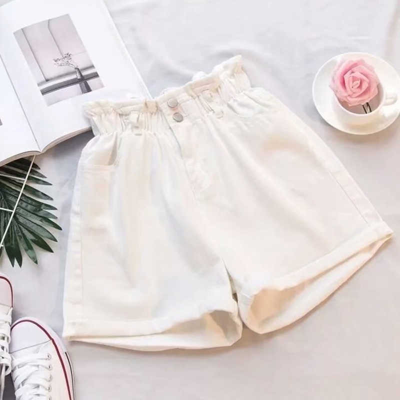 Plus Size High Waist Women's Denim Shorts Elastic Ruffle Girls Jeans Short Summer Solid Pockets Sweet Lady Female Bottoms 210714