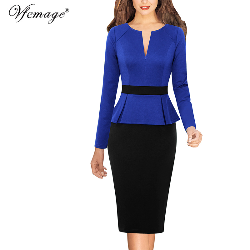 Vfemage Womens Autumn Front Zipper Peplum Solid Colorblock Contrast Work Business Office Party Sheath Bodycon Pencil Dress 671 201008
