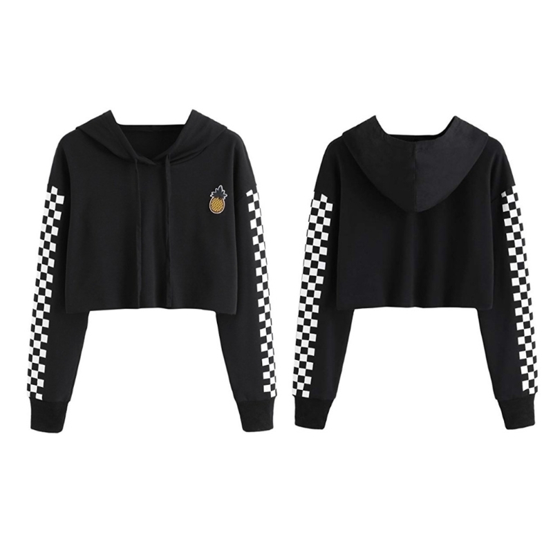 Womens Crop Tops Sweatshirt Pineapple Embroidery Gingham Plaid Hoodies Pullover LJ201103