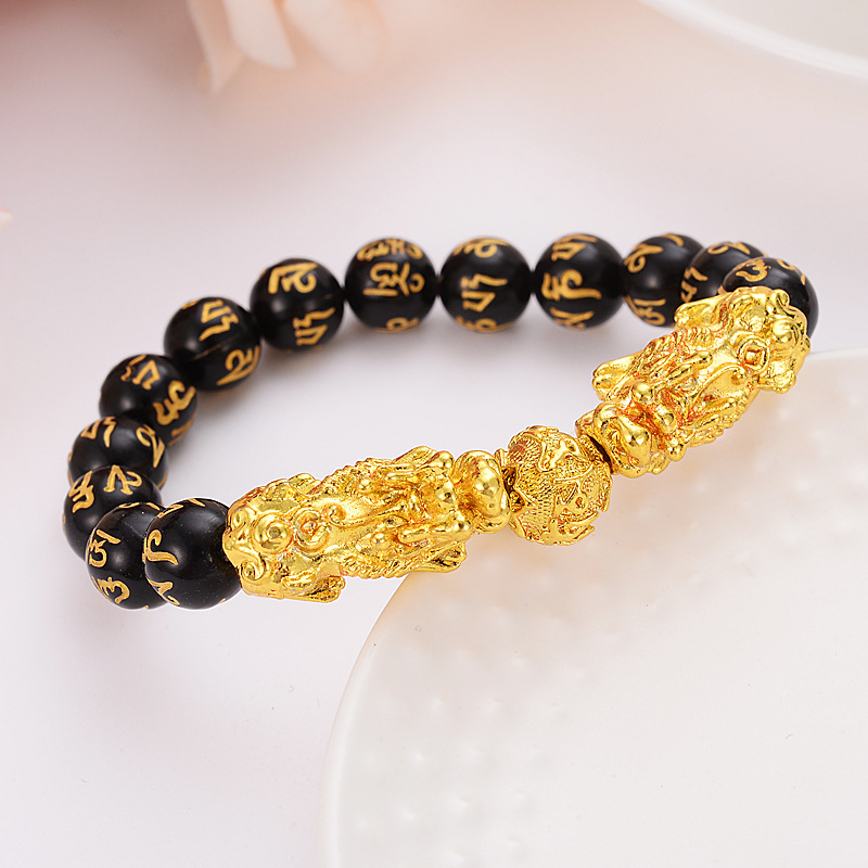 Bangle Feng Shui Obsidian Stone Beads Braceletes Men Women Unisex Wristband Gold Black Pixiu Wealth and Good Luck Women Bracelet 1