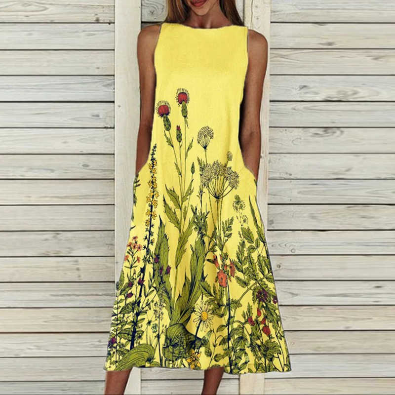 Dress retro print sleeveless summer women's casual pocket O-neck loose dress elegant female plus size banquet dress ins fashion 210630