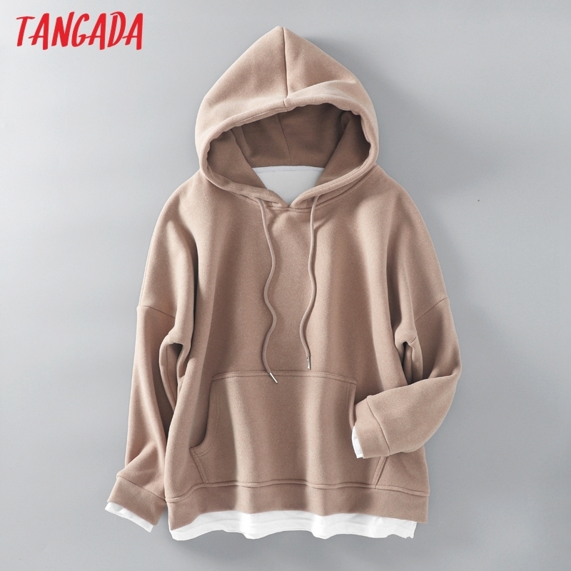 Tangada women woolen hoodie sweatshirts inside Lalambswool warm pocket winter oversize female patchwork hooded tops 7M1 201102