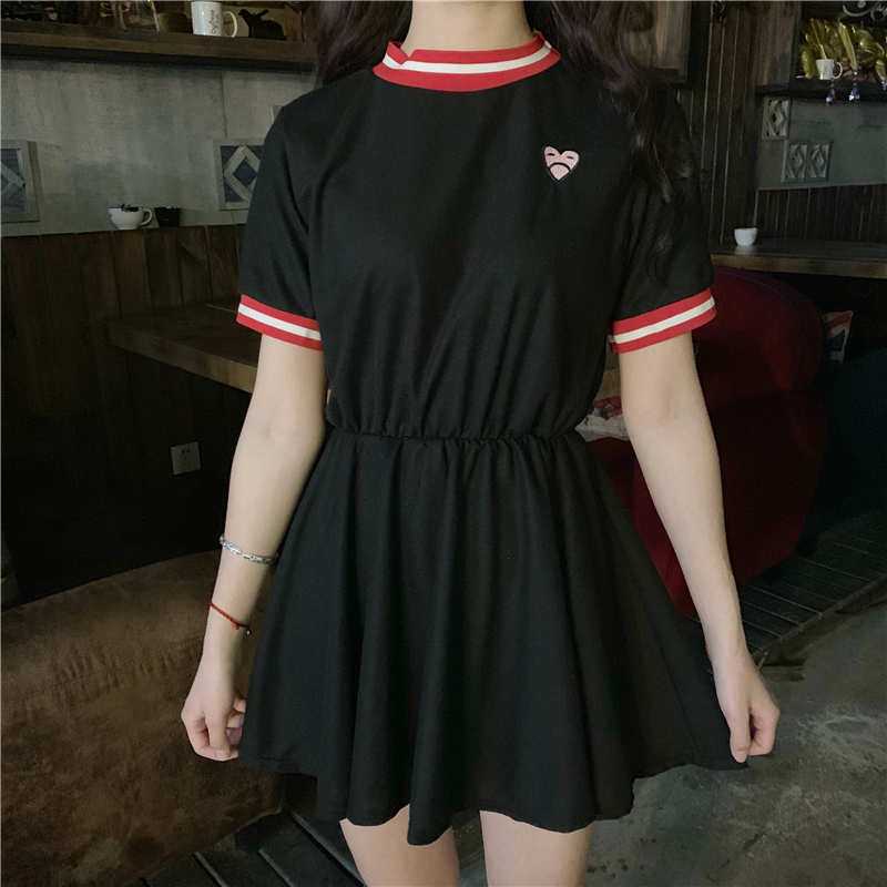Women's Lovely Sweet Dress Japan Style Kawaii Ulzzang Cute Love Embroidered Vestidos Female 2020 Girls Korean Harajuku Dresses C0304