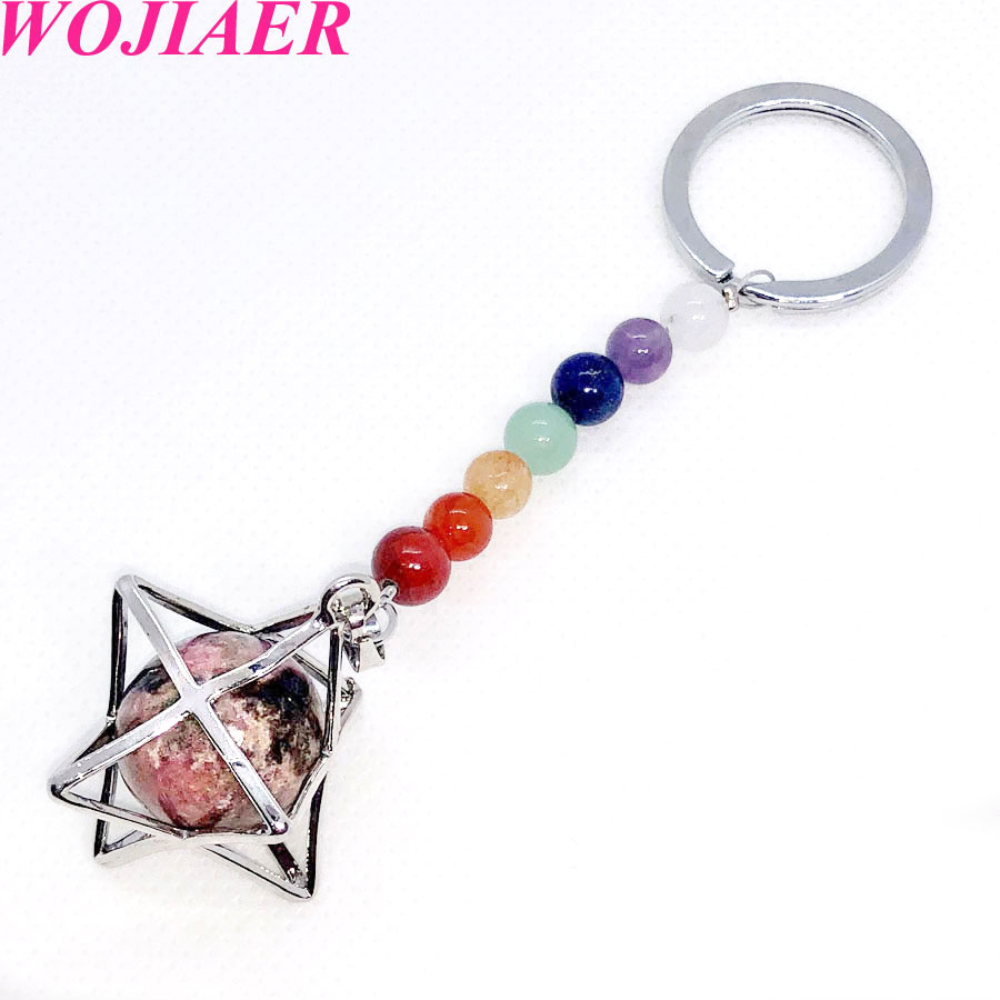 WOJIAER 7 Chakra Quartz Keychain Natural Gem Stones Beads Key Ring Merkaba Locket Pendant Car Bags Accessories Jewelry BW909
