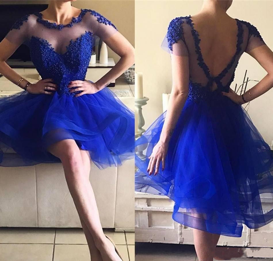 Chic US Royal Blue High Low Prom Dresses Sexy Backless Short Special Occasion Gowns Crew Neck Illusion Lace Appliqued Beads Homecoming Dress Evening P