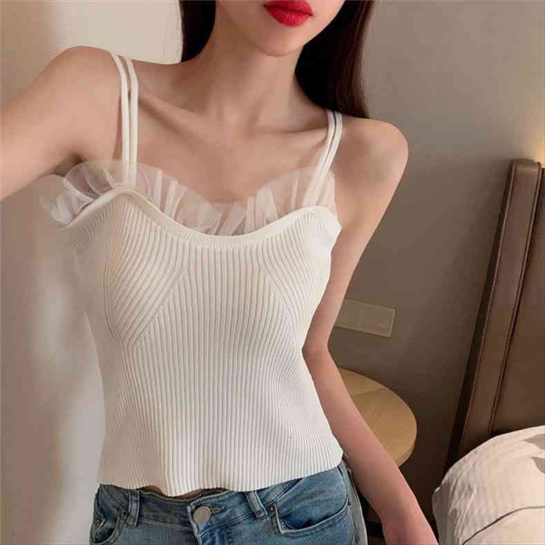 women ruffles mesh collar tanks girls knitted chic slim thin tee shirts camis crop for female summer, White
women ruffles mesh collar tanks girls knitted chic slim thin tee shirts camis crop for female summer, White