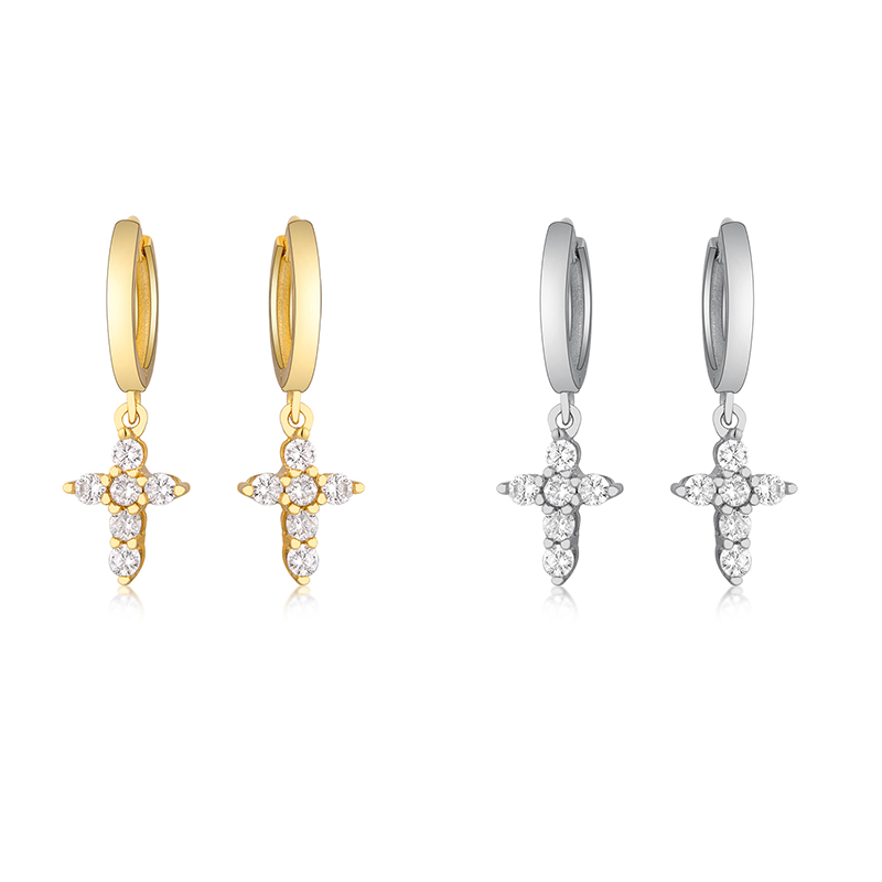 Women Authentic Fashion 925 Sterling Silver Gold Colors Luxury Crystal Cross Dangle Hoop Earrings Girls Round Earrings Jewelry Gift