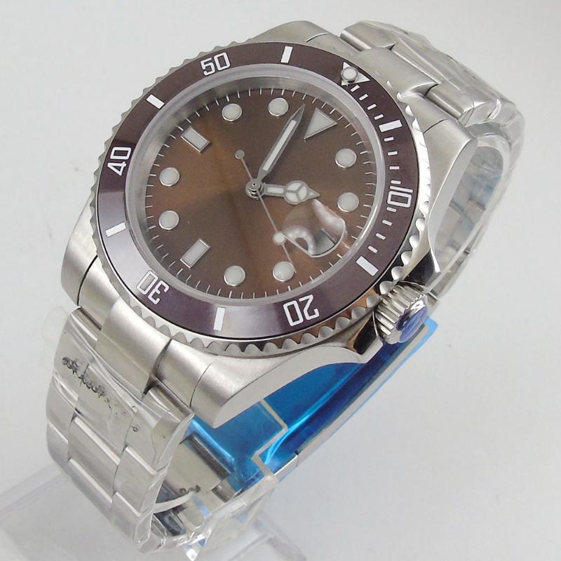Wristwatches 40MM Brown Sterile Dial Sapphire Glass Ceramic Bezel Date Mechanical Luminous MIYOTA 8215 Movement Automatic Mens Wristwatch, Glass case back
Wristwatches 40MM Brown Sterile Dial Sapphire Glass Ceramic Bezel Date Mechanical Luminous MIYOTA 8215 Movement Automatic Mens Wristwatch, Glass case back