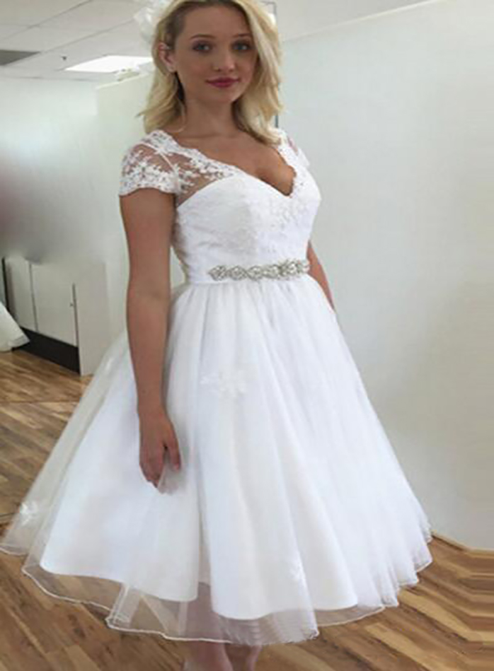 Vintage Lace 50S Wedding Dresses Short Sleeve V Neck Beaded Belt A Line Tea Length Bridal Gowns Custom Size 0431