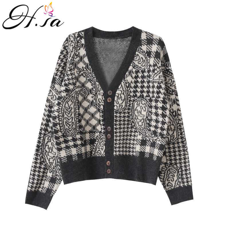 H.SA Women Knitted Cardigan Sweaters Female Vintage Coat V Neck Single Breasted Knitwear Spring Autumn Solid Plaid Poncho Tops 210716