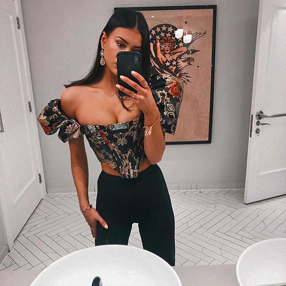 Cryptographic Square Collar Jacquard Boned Bustier Crop Tops Shirt Puff Sleeve Sexy Backless Shirts Blouse Women Zipper Elegant 200924