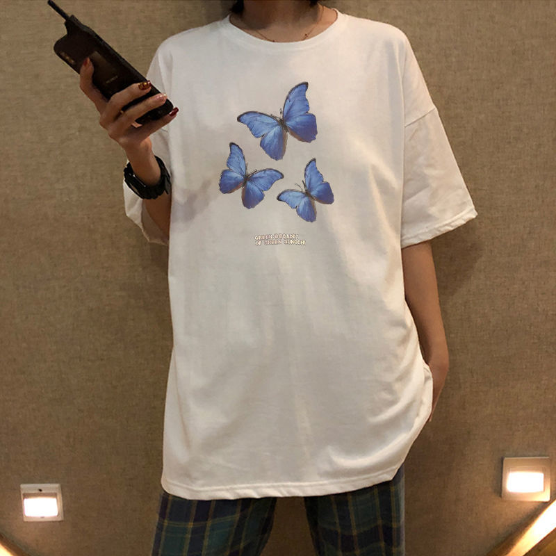 Printed Butterfly T-Shirts Women Loose Causla Short Sleeved T-Shirt Female Korean Fashion Bottoming Shirt Top Summer Tees O-Neck 210306