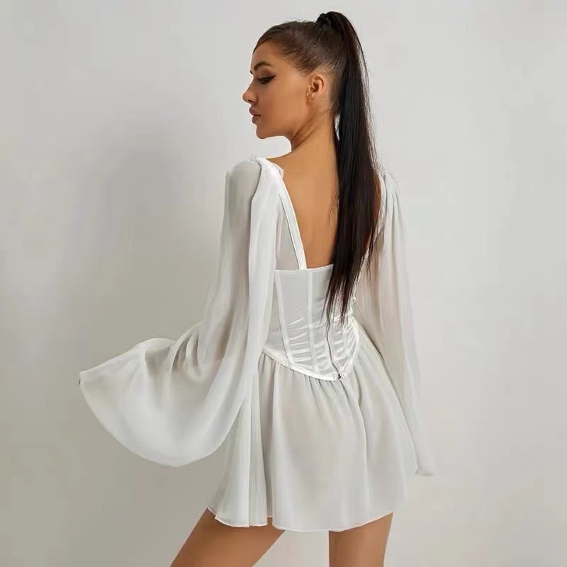 Women Bodycon Dress Female Lantern Sleeve Y2K Corset Chiffon Dresses White Autumn Beach Vacation Outfit Sexy Party Mini Dress 210222
