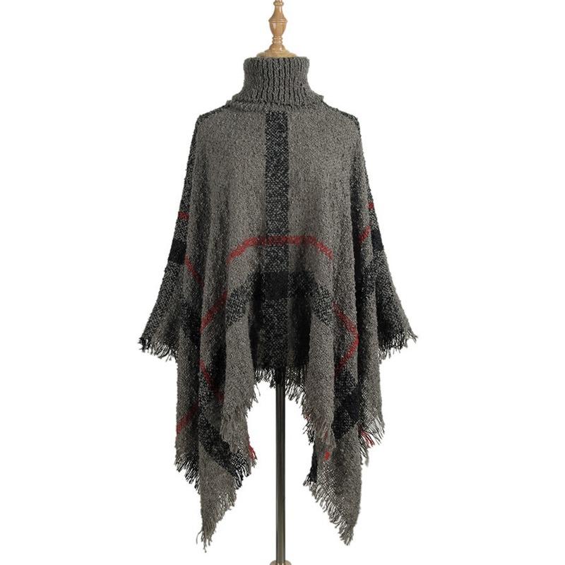 Womens Sweaters Poncho Sweater Women Fringed Stripe Knit Pullover Cape Coat High Collar Vintage Shawl Scarf Panchos Female Winter