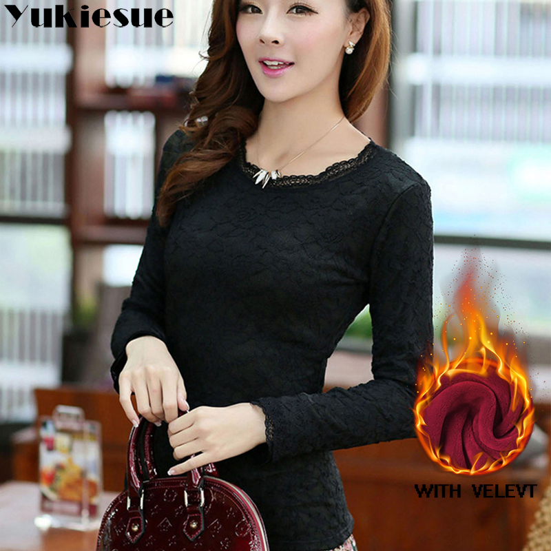 sexy white lace blouse shirt Women tops elegant winter warm fleece blouse Summer tops female blouse long sleeve blusas Plus size 210225