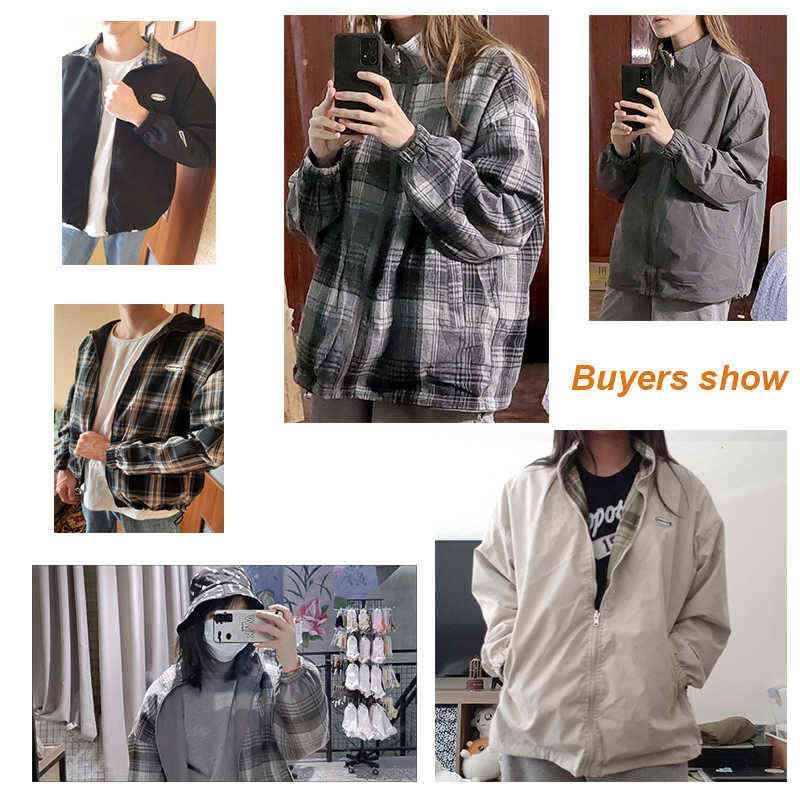 Coat Spring Autumn Casual Stand Jacket Men Korean Reversible Plaid Fashion All Match Loose Fit Jackets Women 211110